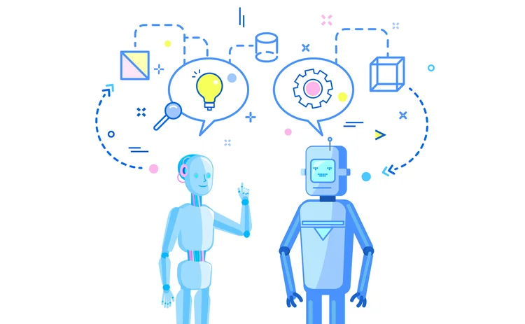 Concept of Artificial Intelligence. Two robots talk, discussion and exchange of ideas. Flat design, vector illustration.