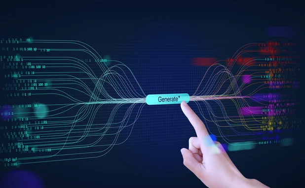 A hand touch abstract stream information. Big data, technology, AI brain, data transfer, data flow, generative AI, large language model, binary, coding background
