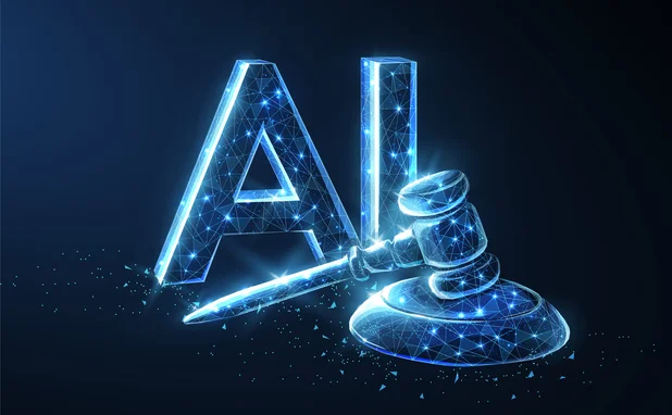 AI and law. Symbolizing the judicial law system and artificial intelligence, this image represents the intersection of jurisprudence and the prohibition or ban of AI. Abstract 3d digital concept