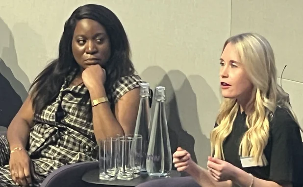 Toju Duke, founder and CEO of Bedrock AI and former programme manager for responsible artificial intelligence at Google, and Lucy Brighty, carrier accounting relationship manager at WTW, at Dive In opening session 2026
