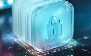 Glowing 3D padlock symbol on top of a digital background, showing cyber security