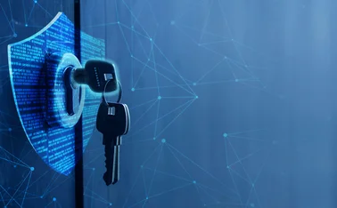 A digital-looking key is in a lock, locking data