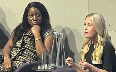 Toju Duke, founder and CEO of Bedrock AI and former programme manager for responsible artificial intelligence at Google, and Lucy Brighty, carrier accounting relationship manager at WTW, at Dive In opening session 2026
