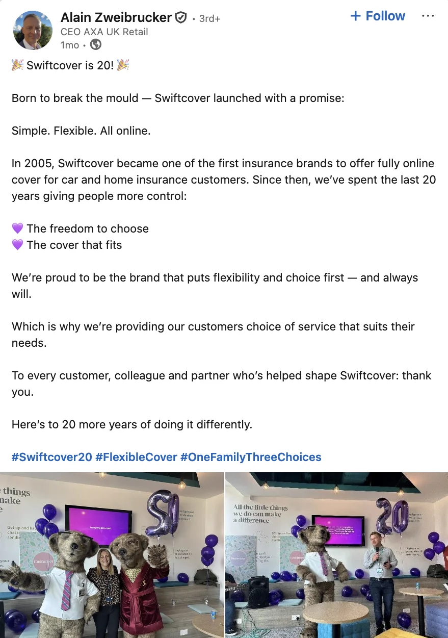 LinkedIn post from Axa’s Alain Zweibrucker, featuring meerkats celebrating Swiftcover’s 20th anniversary