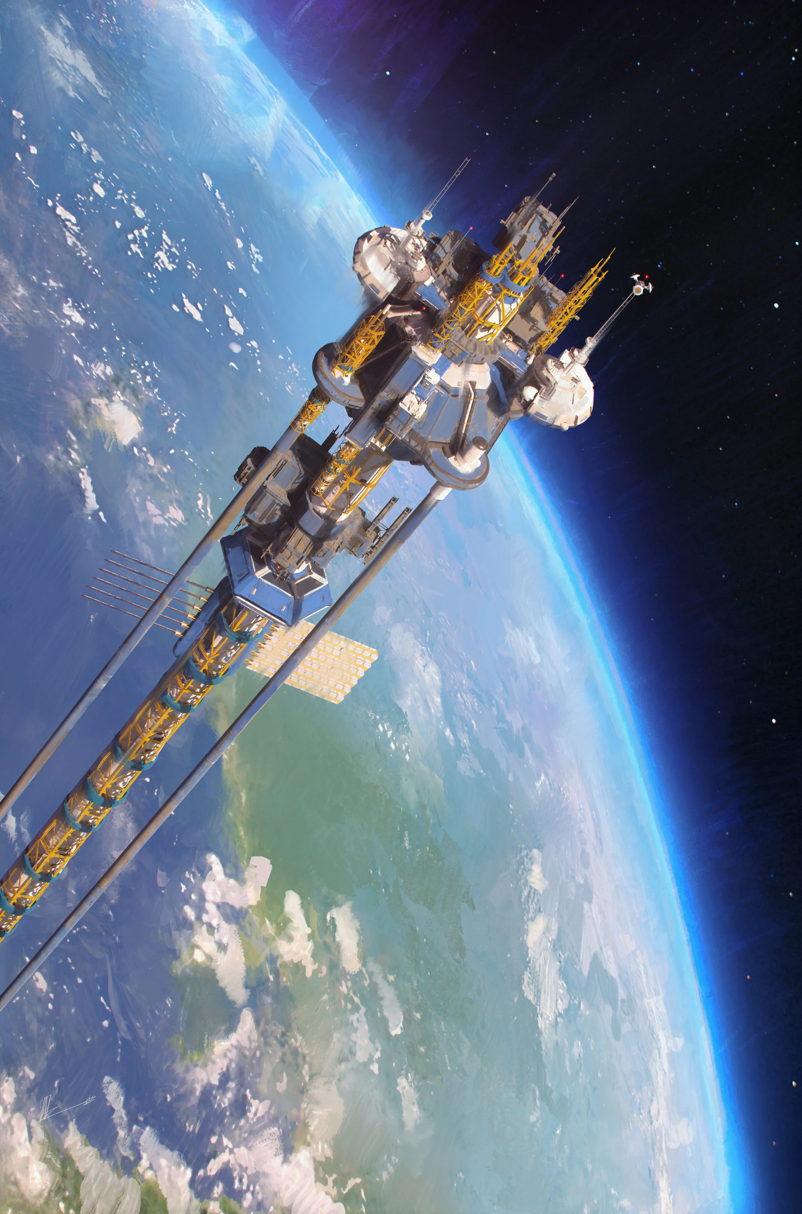A render of a space elevator leading to Earth.