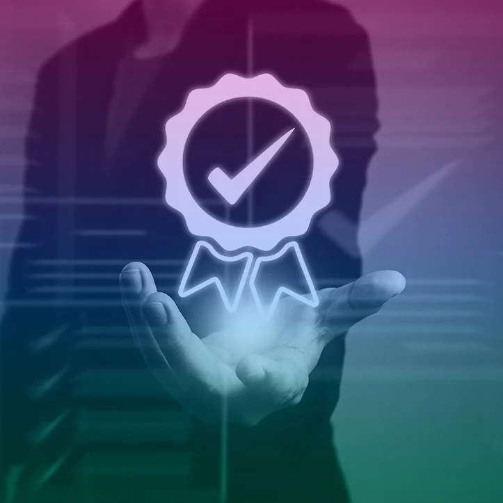 Ribbon badge with a tick in hand