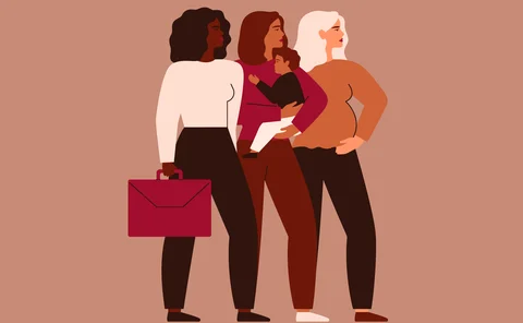 Three women of different ethnicities stand together. Black Businesswoman, Mother with child, Pregnant female support each other. Cooperation and partnership concept 