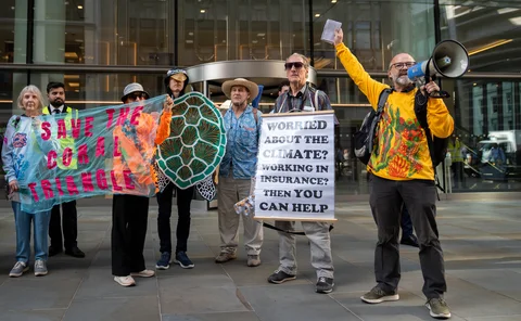 Boycott Bloody Insurance activists outside the 'Walkie Talkie' 11 August
