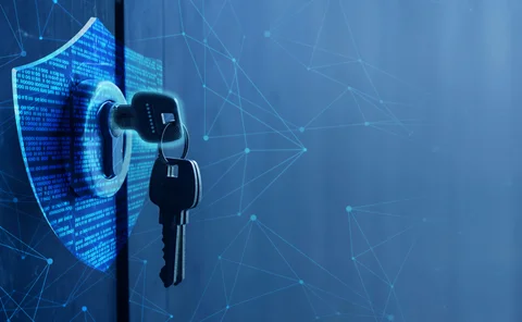 A digital-looking key is in a lock, locking data