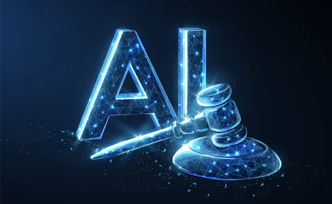 AI and law. Symbolizing the judicial law system and artificial intelligence, this image represents the intersection of jurisprudence and the prohibition or ban of AI. Abstract 3d digital concept