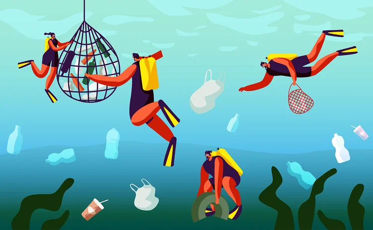 Scuba divers collecting pollution