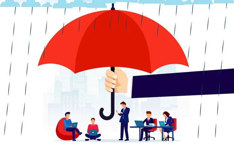 Office and home workers and MGA with umbrella_concept