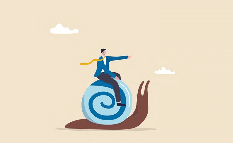 Slow growth, inefficient or stupid mistake, businessman idiot leader riding slow snail never reach goal, losing business competition. - stock illustration Slow growth, inefficient or stupid mistake, businessman idiot leader riding slow snail never reach goal, losing business competition