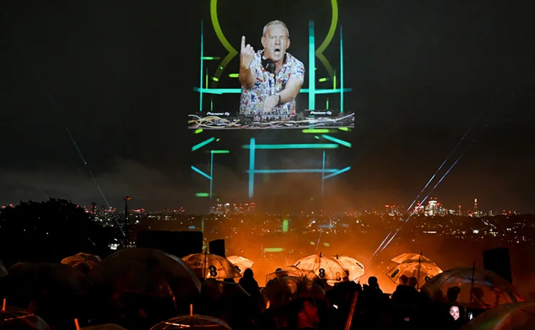 LONDON, ENGLAND - OCTOBER 19: The launch of the new EE, as Fatboy Slim and virtual backing dancers from across the UK light up the sky above Alexandra Palace to form the world's biggest hologram on October 19, 2023 in London, England. (Photo by Samir Hussein/Getty Images for EE)