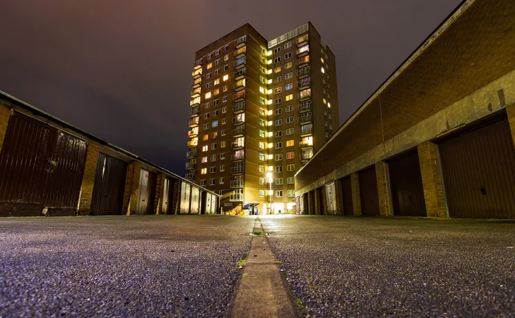 Night photo of Ladstone Towers, in Sowerby Bridge, Calderdale, West Yorkshire. This is one of two tower blocks, alongside Houghton Towers, which feature as a location in the popular BBC crime drama Happy Valley.