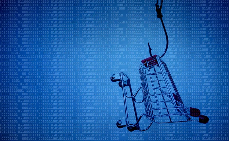 A fish hook with a trolley / Stealing online shopping data concept