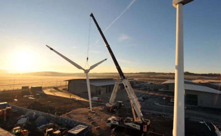 A wind turbine under construction