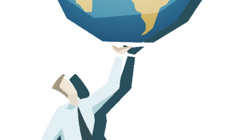 Illustration of a businessperson carrying the world on one hand like a waiter