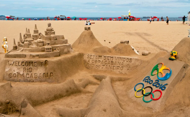 Rio Olympics logo on a sandcastle