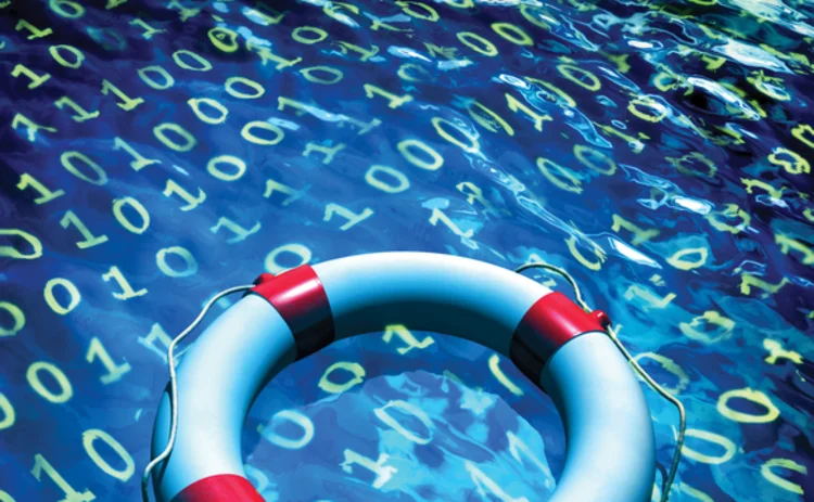 Concept image of data backup with life preserving floating on background of binary data