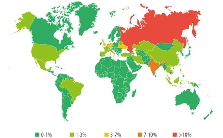 Kaspersky map showing location of mobile malware infections around the world