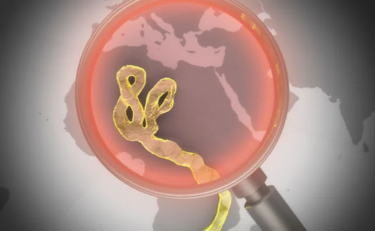 A close up of the ebola virus over a map of Africa