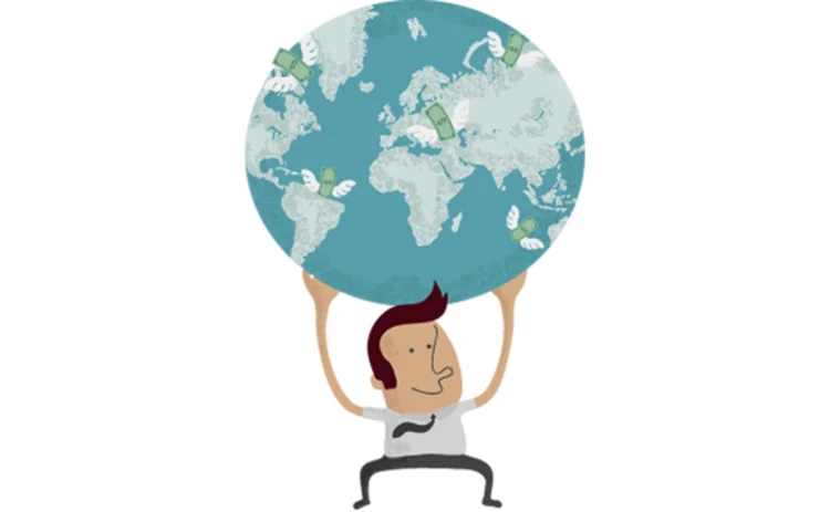 Illustration of man holding the world on his shoulders with money sprouting from individual countries