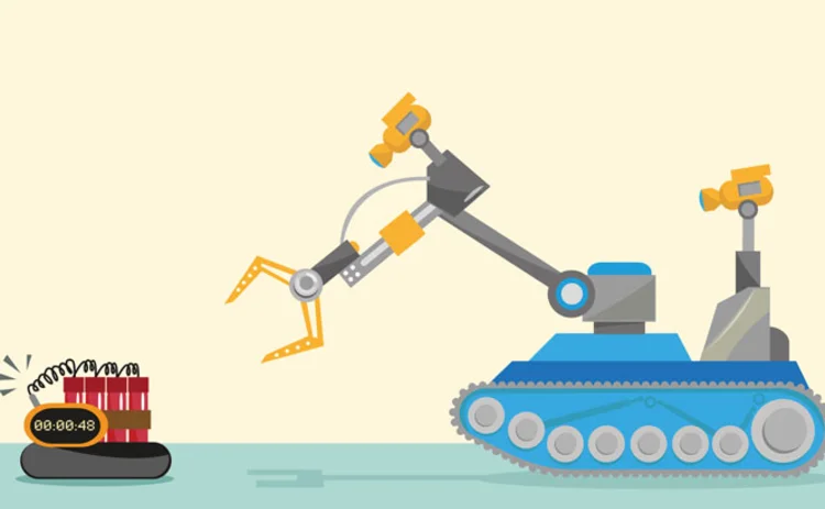 An illustration of a bomb disposal robot approaching a bomb