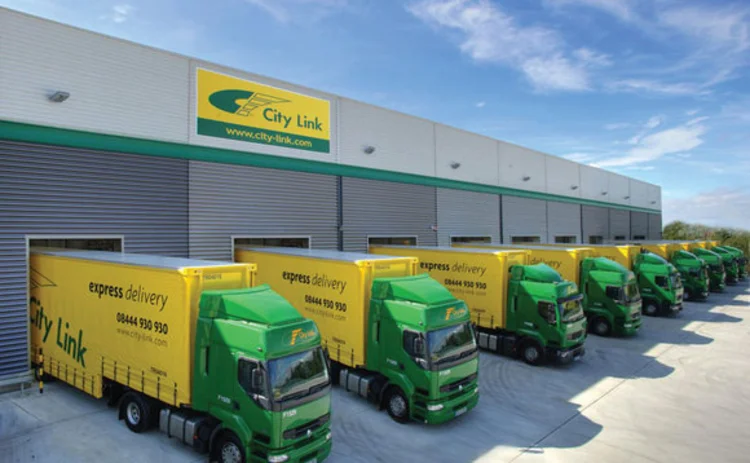 Fleet of City Link lorries at City Link depot