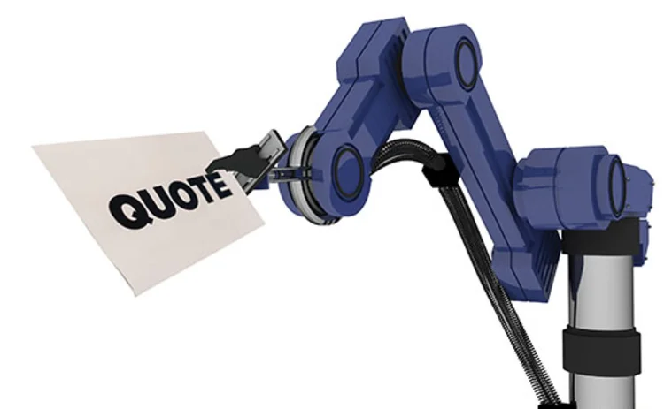 A robot arm holding a Quote sign