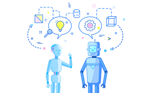 Concept of Artificial Intelligence. Two robots talk, discussion and exchange of ideas. Flat design, vector illustration.