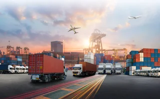 Container truck in ship port for business Logistics and transportation of Container Cargo ship and Cargo plane, logistic import export and transport concept