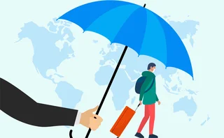Traveler insurance concept. Agent hand holding umbrella above traveling man with baggage suitcase in protect face mask on world map background. Safety travel vector illustration banner - stock illustration