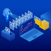 Isometric robot analyzes the database of employees or personnel. Data processing. Robot HR manager. Artificial intelligence working for big data analysis.
