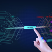 A hand touch abstract stream information. Big data, technology, AI brain, data transfer, data flow, generative AI, large language model, binary, coding background