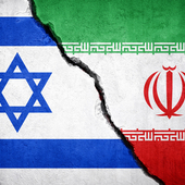 Israel and Iran flags against a cracked background
