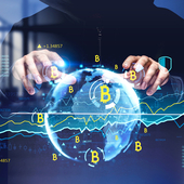 Front view of hacker in virtual office room stealing information. Internet, innovation and cyber attack concept. Cryptocurrency and bitcoin decentralized economy. Double exposure