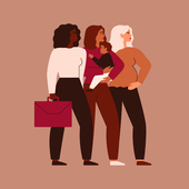 Three women of different ethnicities stand together. Black Businesswoman, Mother with child, Pregnant female support each other. Cooperation and partnership concept 