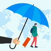 Traveler insurance concept. Agent hand holding umbrella above traveling man with baggage suitcase in protect face mask on world map background. Safety travel vector illustration banner - stock illustration