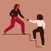 Women support each other. Two females rise up together on the stairs. Woman extends a helping hand to her friend. Woman helps her colleagues to climb career ladder. 