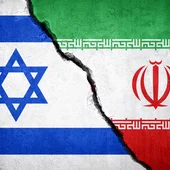 Israel and Iran flags against a cracked background
