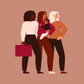 Three women of different ethnicities stand together. Black Businesswoman, Mother with child, Pregnant female support each other. Cooperation and partnership concept 