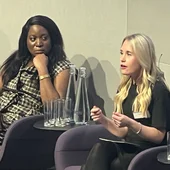 Toju Duke, founder and CEO of Bedrock AI and former programme manager for responsible artificial intelligence at Google, and Lucy Brighty, carrier accounting relationship manager at WTW, at Dive In opening session 2026
